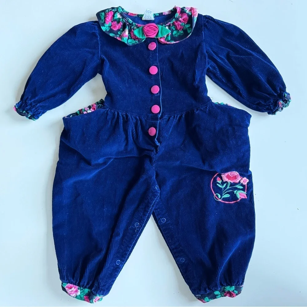 Vintage 80s 90s Blue Corduroy Floral Collar Jumper Romper Outfit Toddler 2T